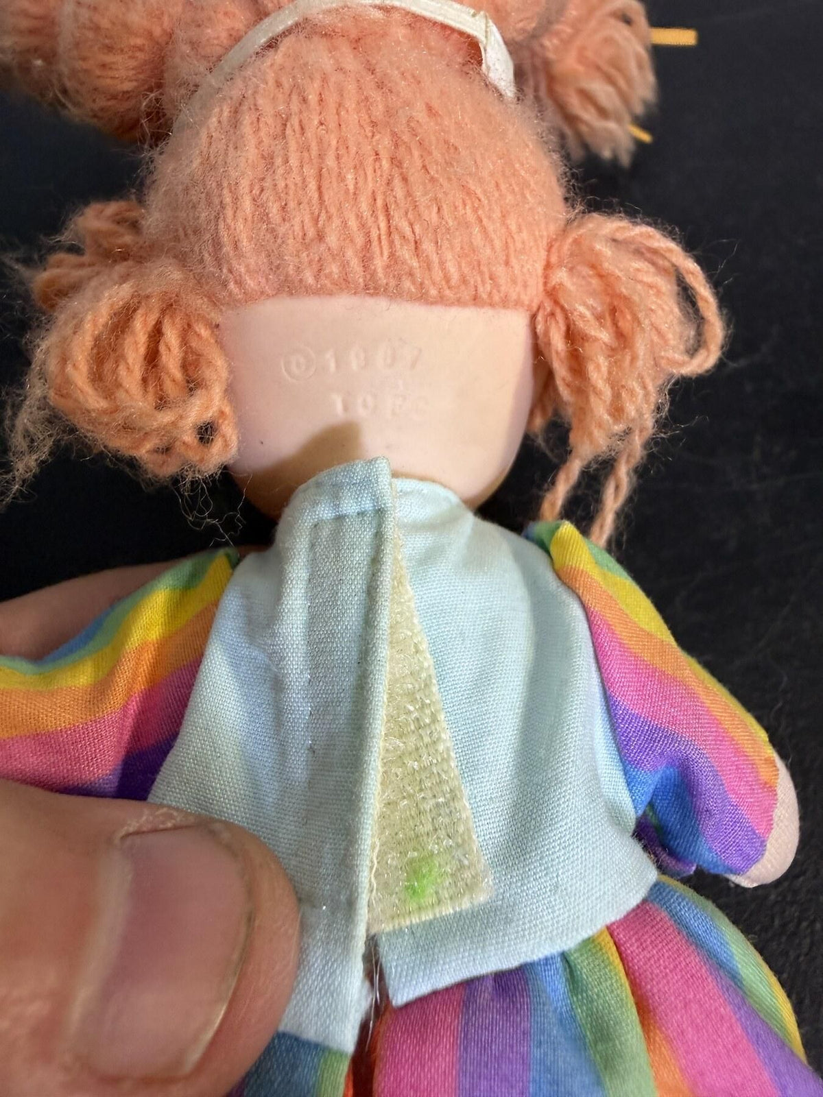Vintage 1987 Yarn Hair Doll Rainbow Dress Baseball Patch Inside 10-11" - Wormhole Thrift
