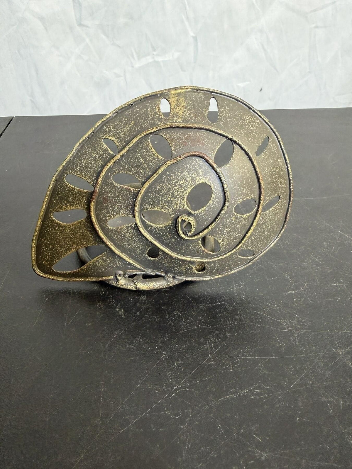 Metal Nautilus Shell Spiral Candle Holder Distressed Gold Black Decor - Wormhole Thrift