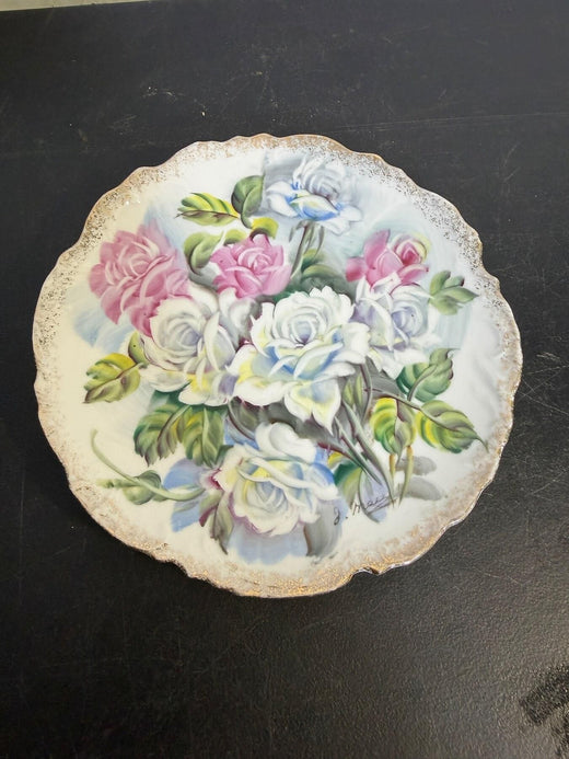 Vintage Hand Painted Floral Rose Decorative Wall Plate Signed J. Mann 8.5" - Wormhole Thrift