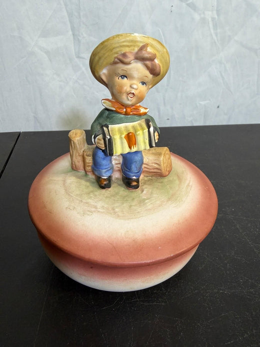 Vintage Ceramic Boy Playing Accordion Lidded Trinket Box Decor - Wormhole Thrift