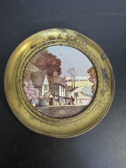 Vintage Made in England Brass Cottage Scene Decorative Wall Plate Plaque - Wormhole Thrift