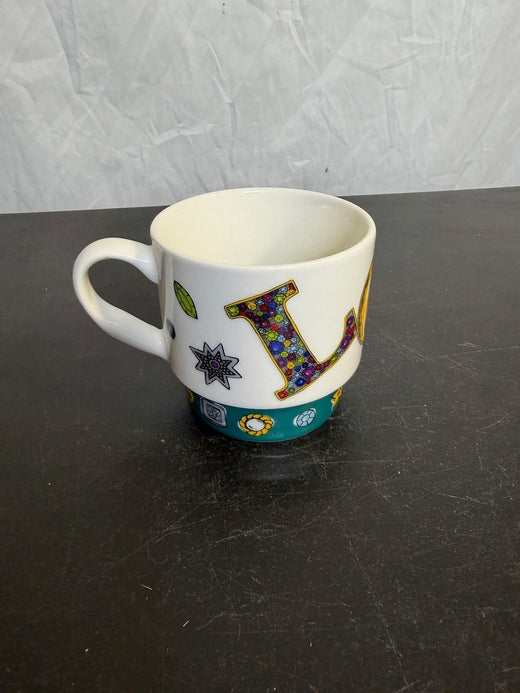 Brighton "LOVE" Ceramic Coffee Mug Teal Base Colorful Design - Wormhole Thrift