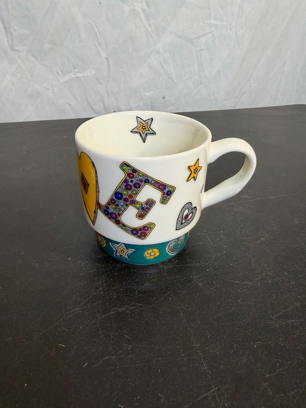 Brighton "LOVE" Ceramic Coffee Mug Teal Base Colorful Design - Wormhole Thrift