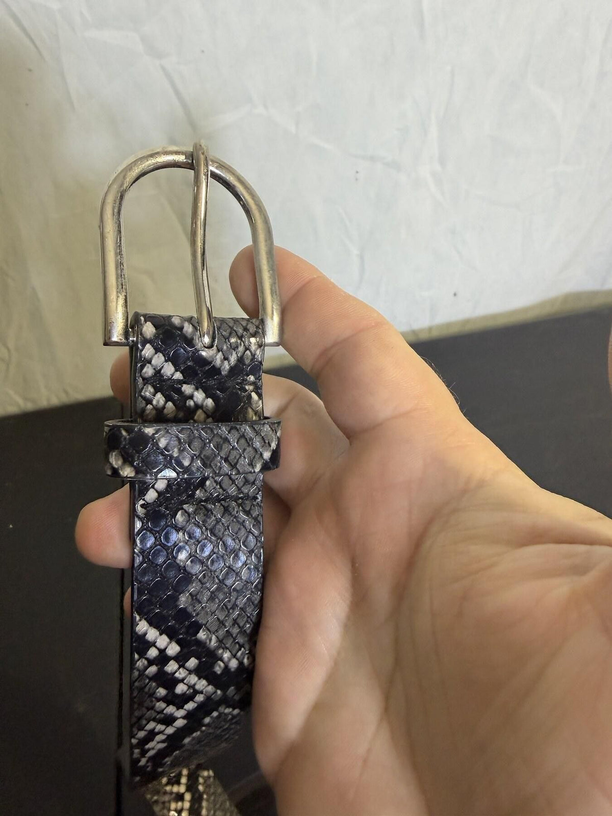 Snakeskin Print Belt with Silver Tone D-Ring Buckle - Approx 39" Length - Wormhole Thrift