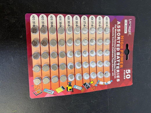Loopacell 50-Piece High Power Assorted AG Button Cell Batteries 1.5V Alkaline - Wormhole Thrift