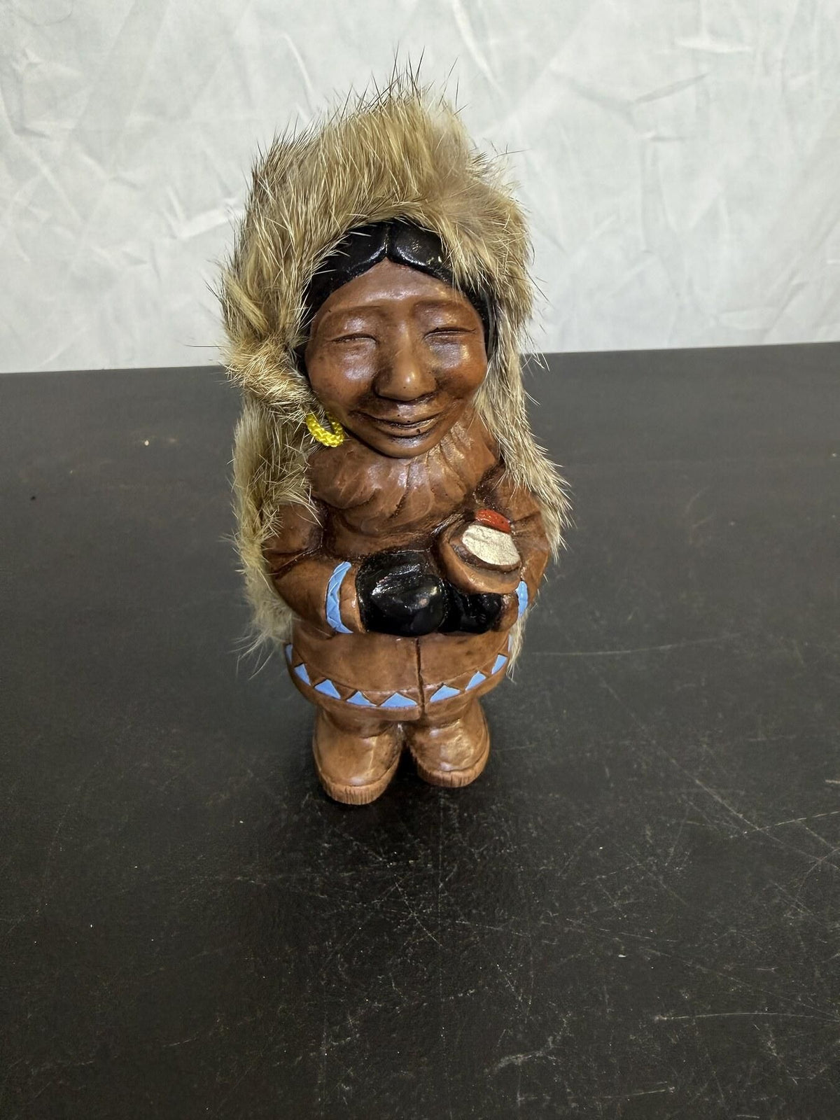 Vintage Inuit Eskimo Figurine Fur Parka Carved Wood Folk Art 5.5" - Wormhole Thrift