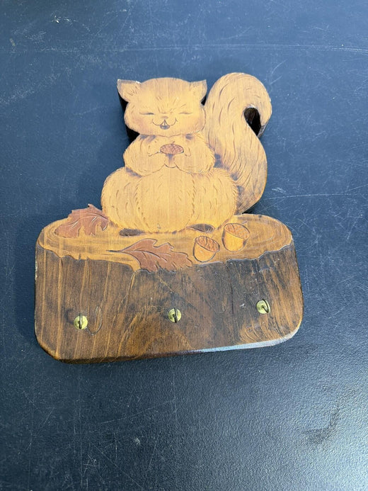 Vintage Carved Wood Squirrel & Acorns Wall Key Holder - Wormhole Thrift