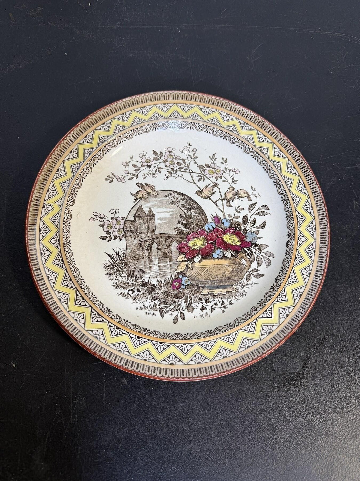 Antique English Edinburg Transferware Plate Castle Birds Floral 9.5" - Wormhole Thrift