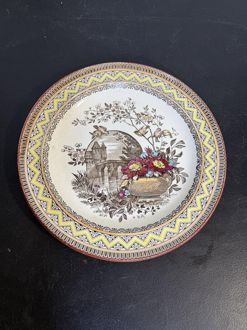 Antique English Edinburg Transferware Plate Castle Birds Floral 9.5" - Wormhole Thrift