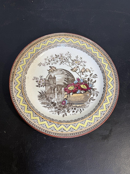 Antique English Edinburg Transferware Plate Castle Birds Floral 9.5" - Wormhole Thrift