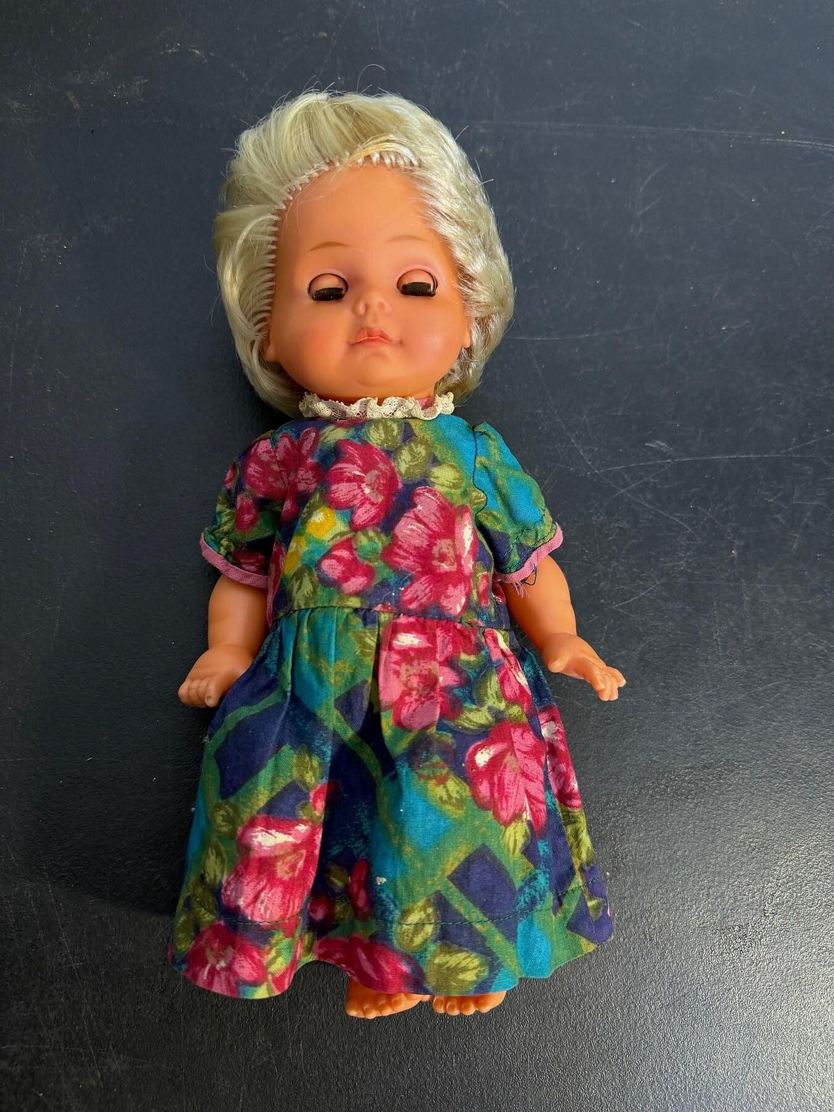 Vintage Blonde Doll in Floral Dress - 10 Inch - Wormhole Thrift