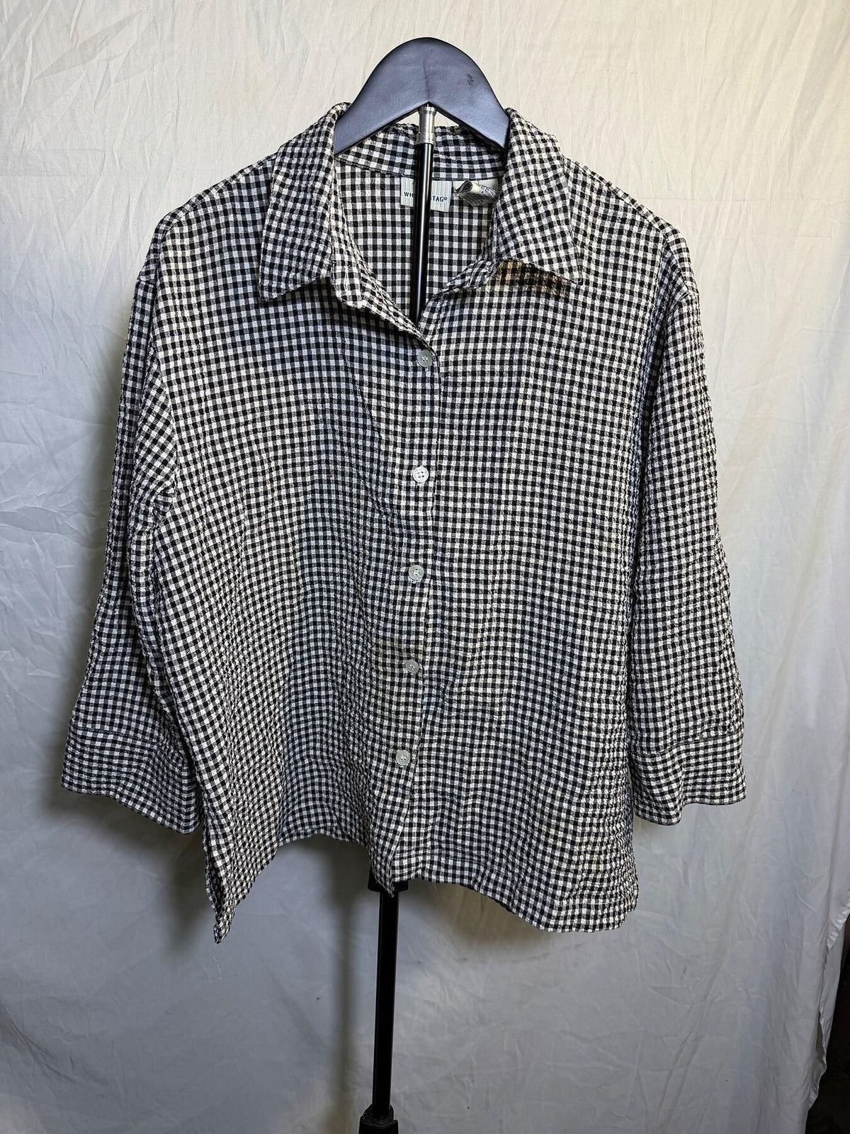 White Stag Women's Black White Gingham 3/4 Sleeve Button Up Blouse Shirt - Wormhole Thrift