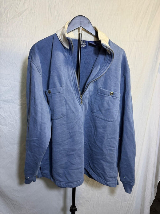 Vintage John Blair Men's XLG Blue Quarter-Zip Pullover Sweatshirt - Wormhole Thrift