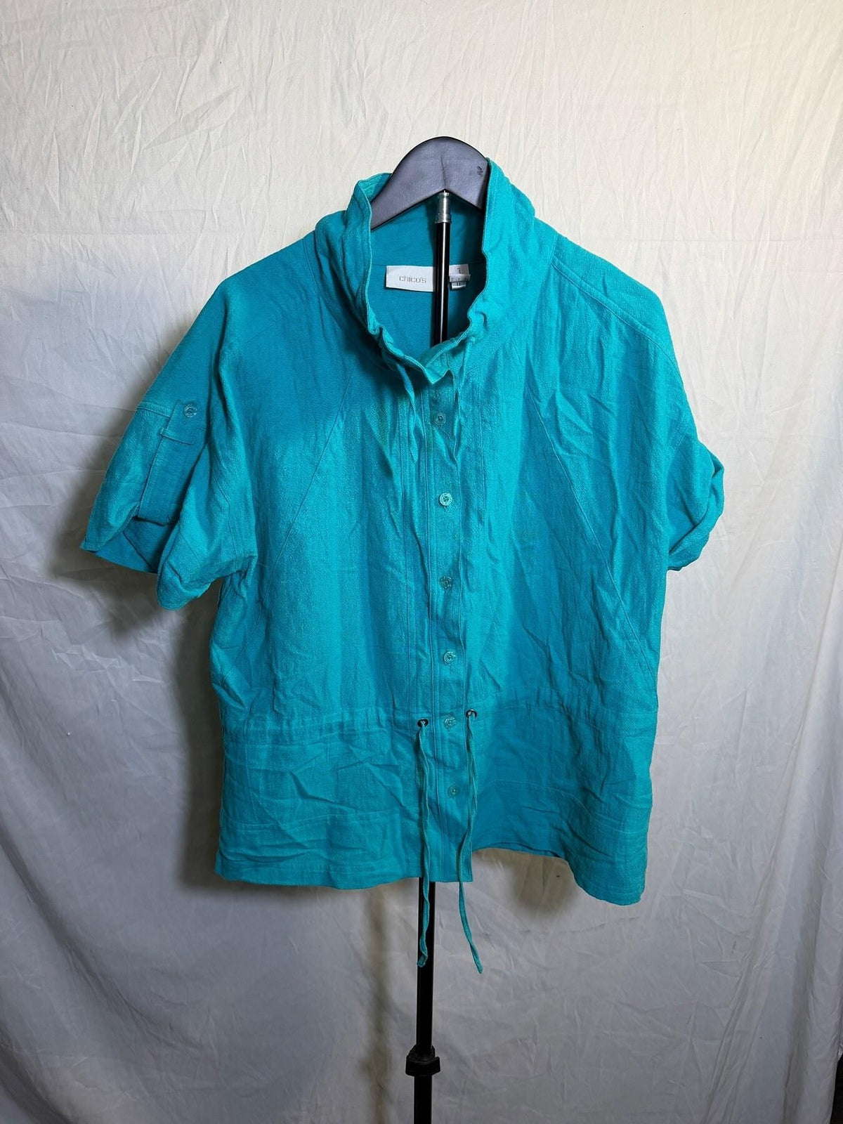 Chico's Turquoise Blue Short Sleeve Button Up Shirt Blouse Size 1 (M) - Wormhole Thrift