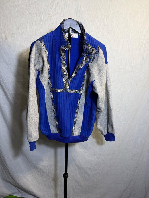 Vintage Casual Bay Blue Grey Plaid Color Block Pullover Sweatshirt M - Wormhole Thrift