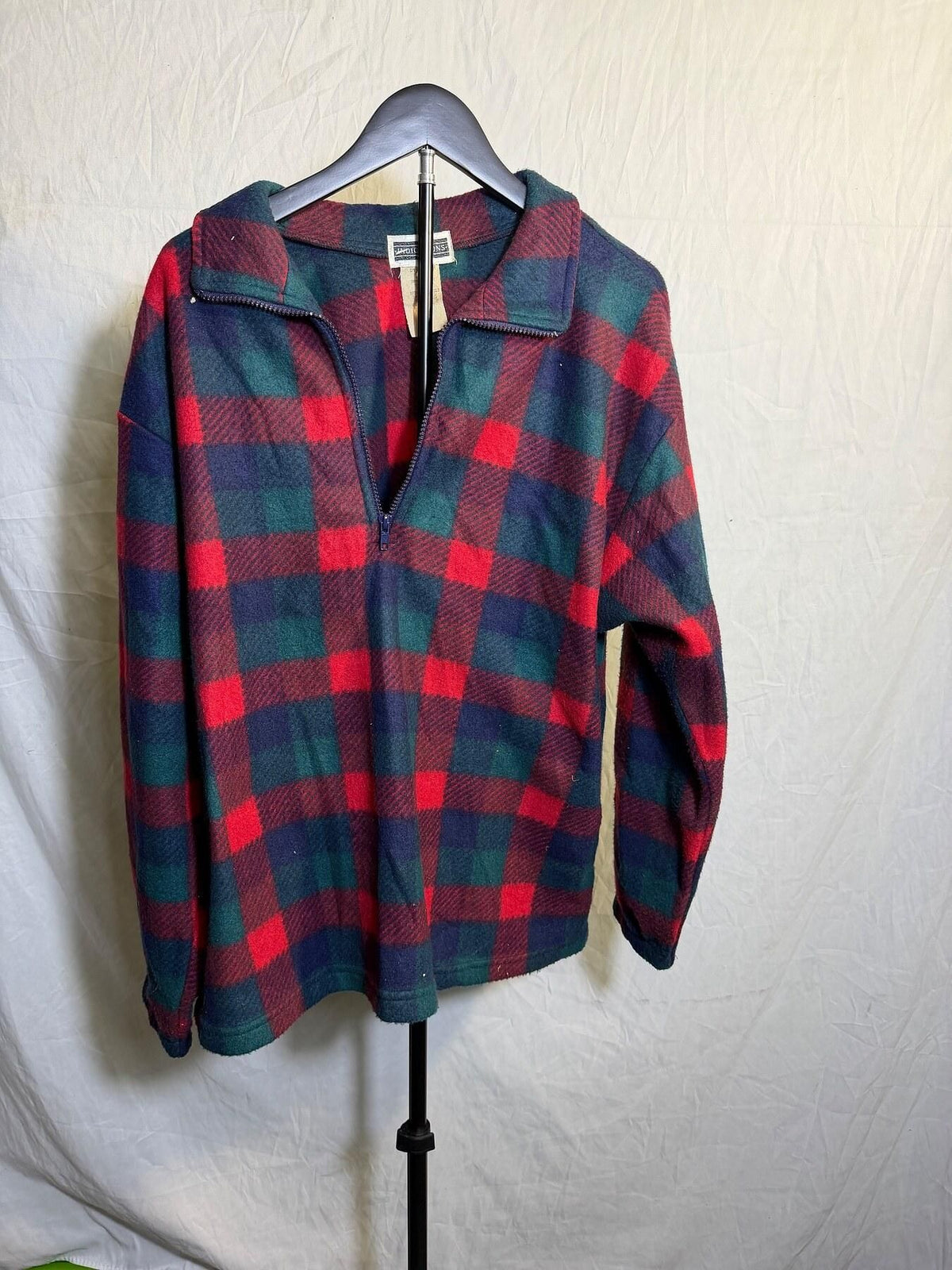 Vintage Indications Red Green Blue Plaid 1/4 Zip Fleece Pullover Shirt L - Wormhole Thrift