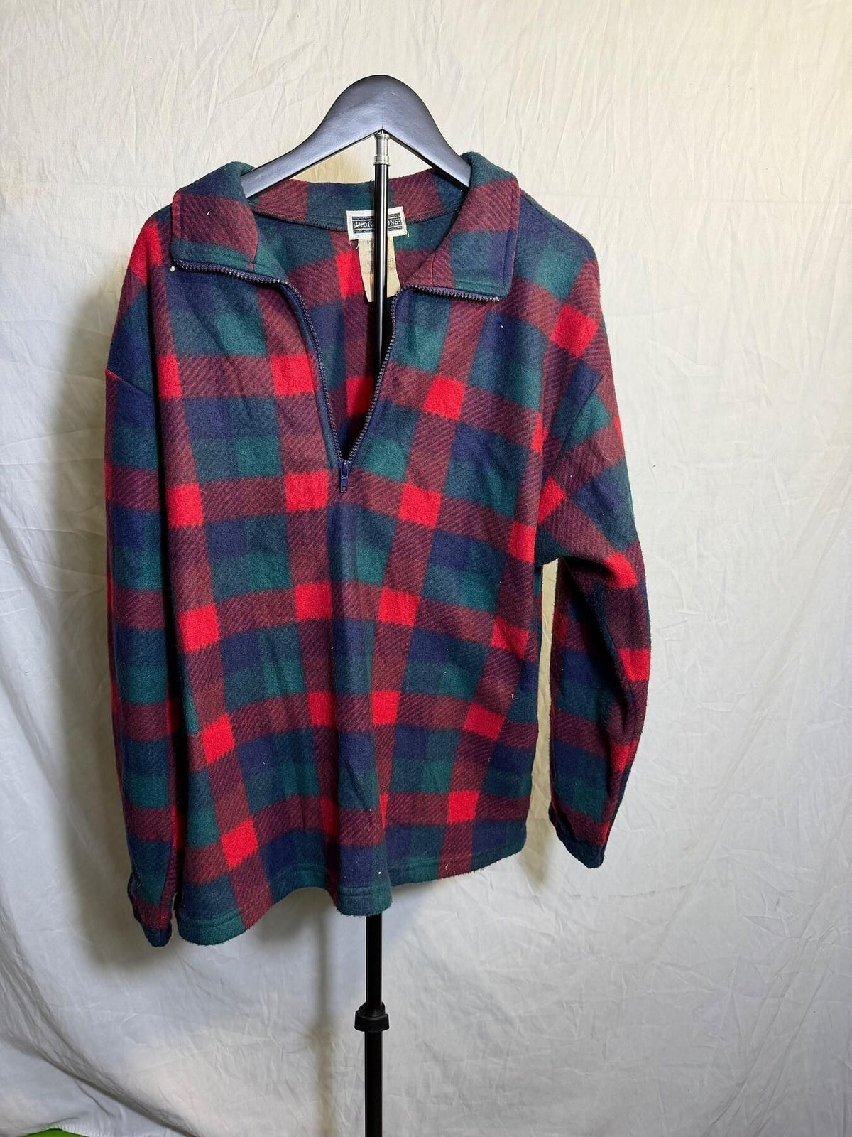 Vintage Indications Red Green Blue Plaid 1/4 Zip Fleece Pullover Shirt L - Wormhole Thrift