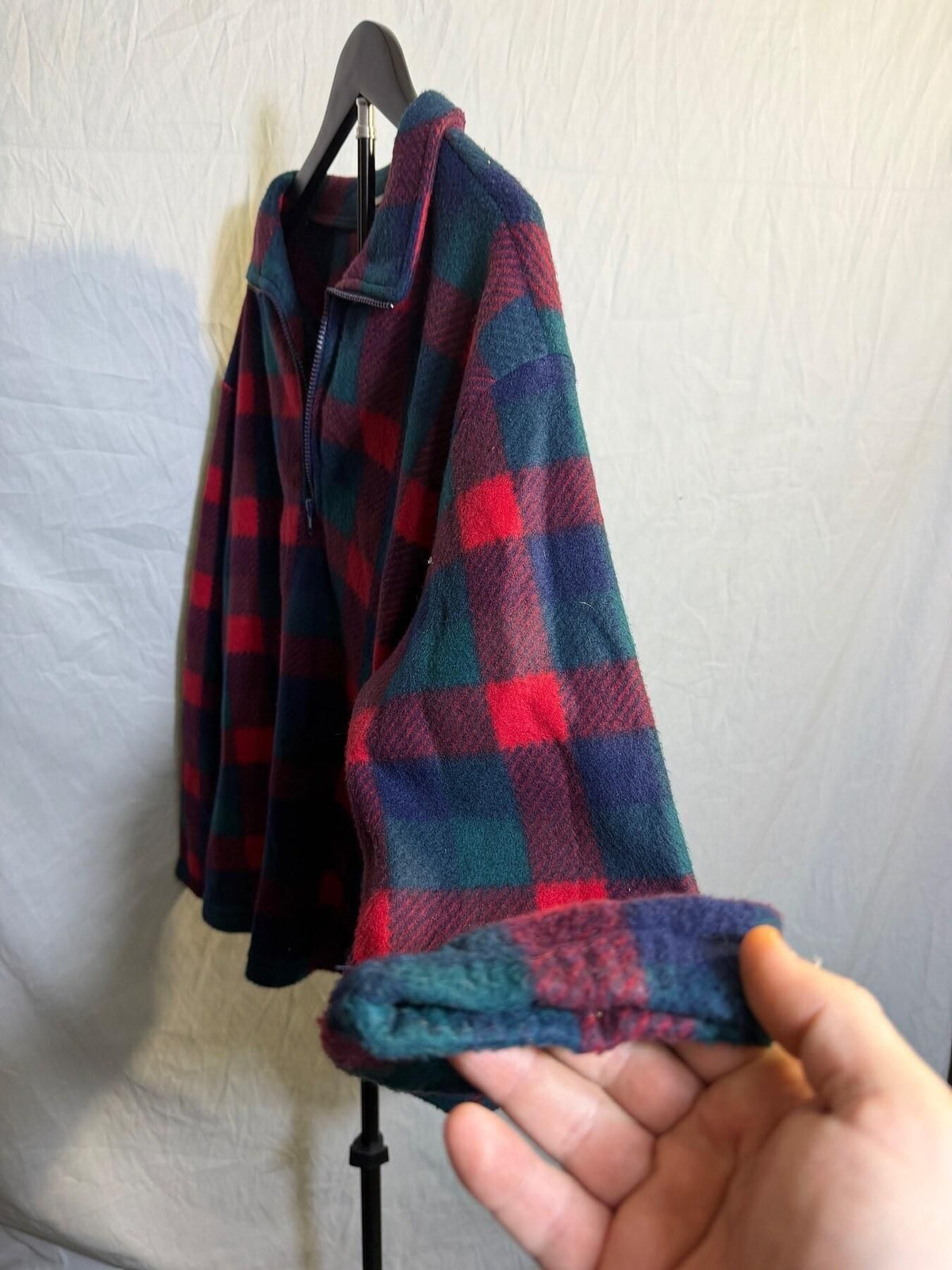 Vintage Indications Red Green Blue Plaid 1/4 Zip Fleece Pullover Shirt L - Wormhole Thrift