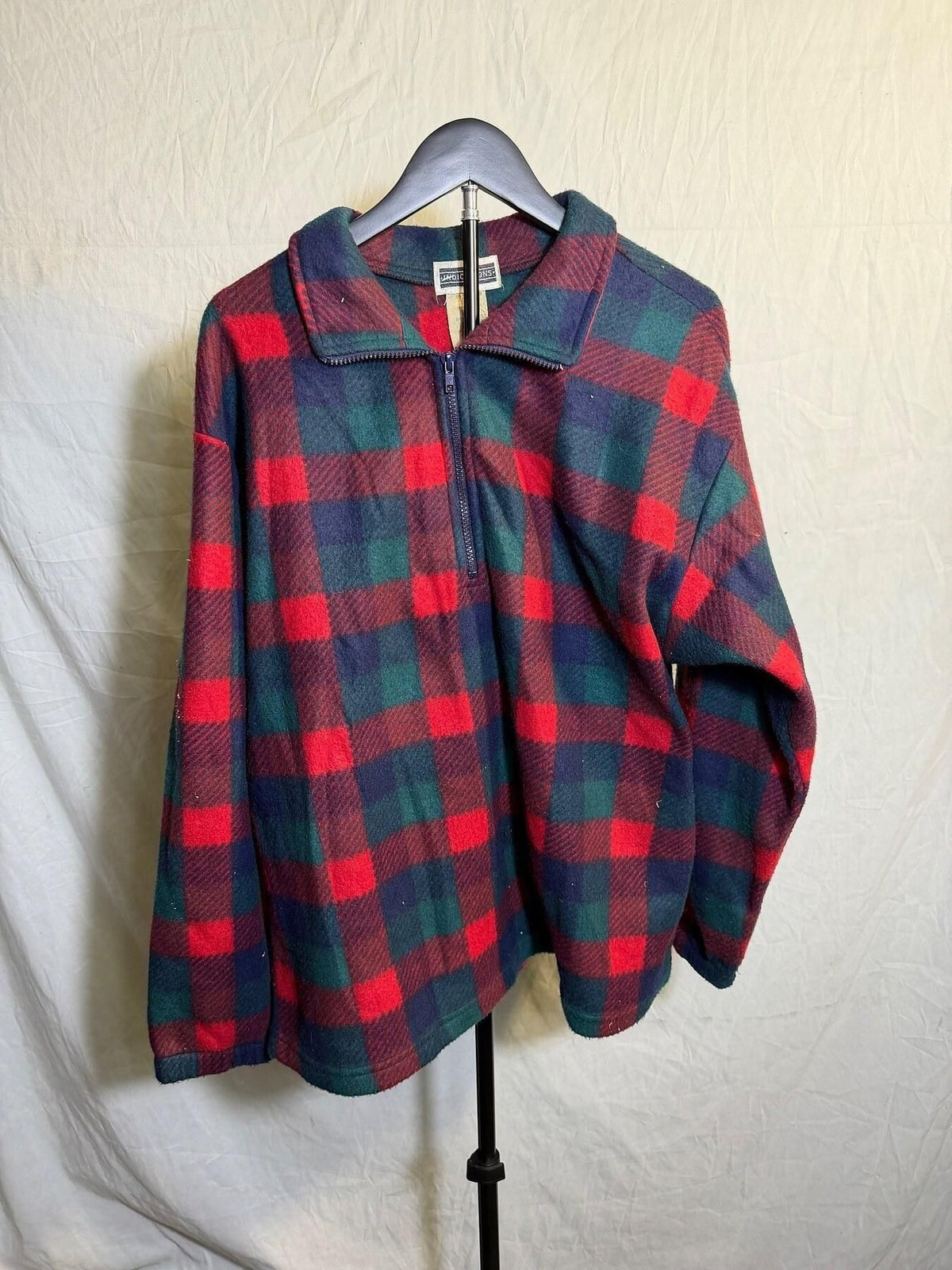 Vintage Indications Red Green Blue Plaid 1/4 Zip Fleece Pullover Shirt L - Wormhole Thrift