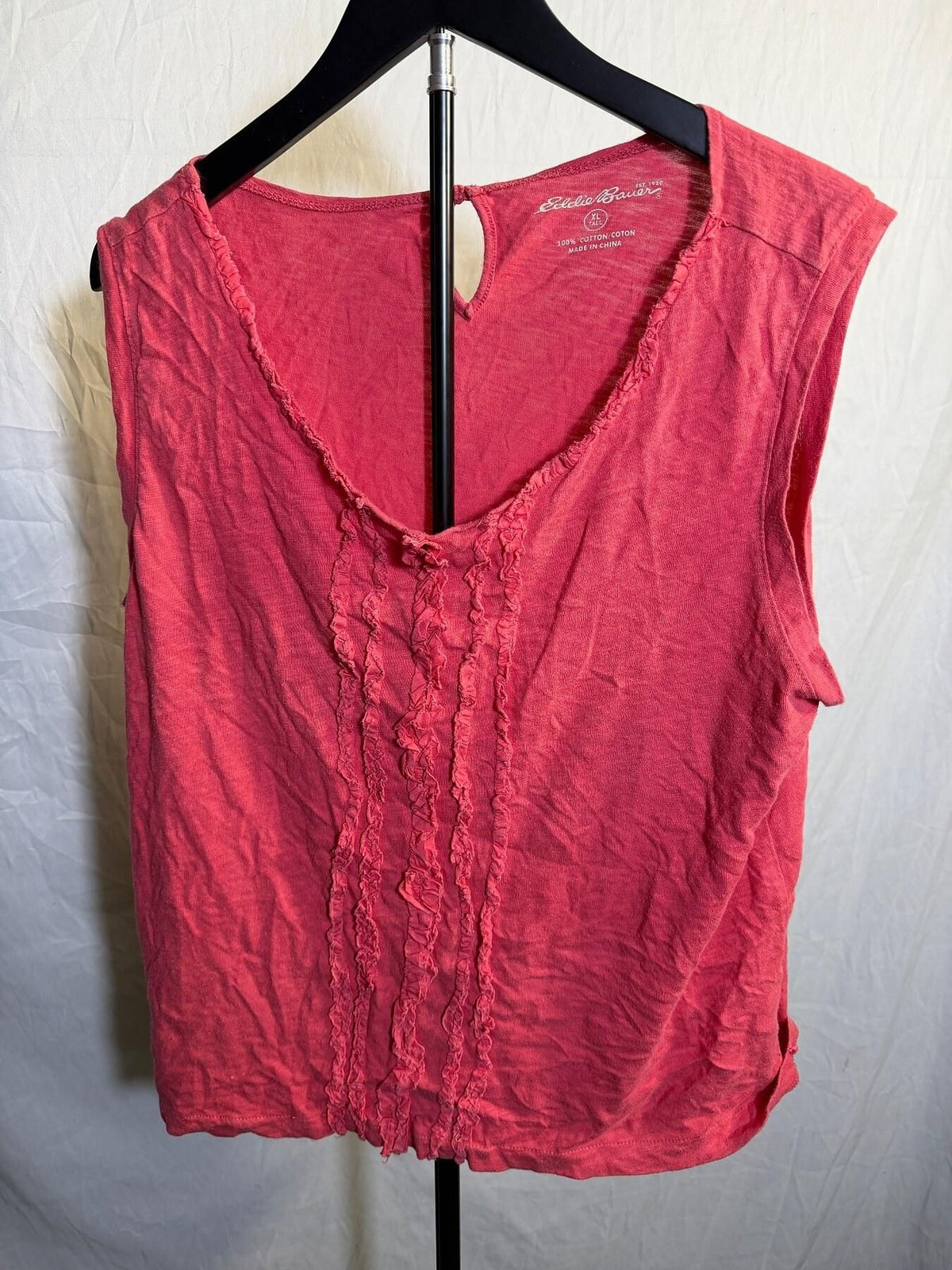 Eddie Bauer Women's XL Tall Ruffled V-Neck Sleeveless Cotton Top Pink - Wormhole Thrift