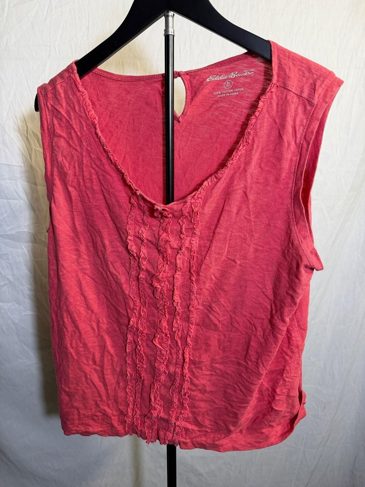 Eddie Bauer Women's XL Tall Ruffled V-Neck Sleeveless Cotton Top Pink - Wormhole Thrift