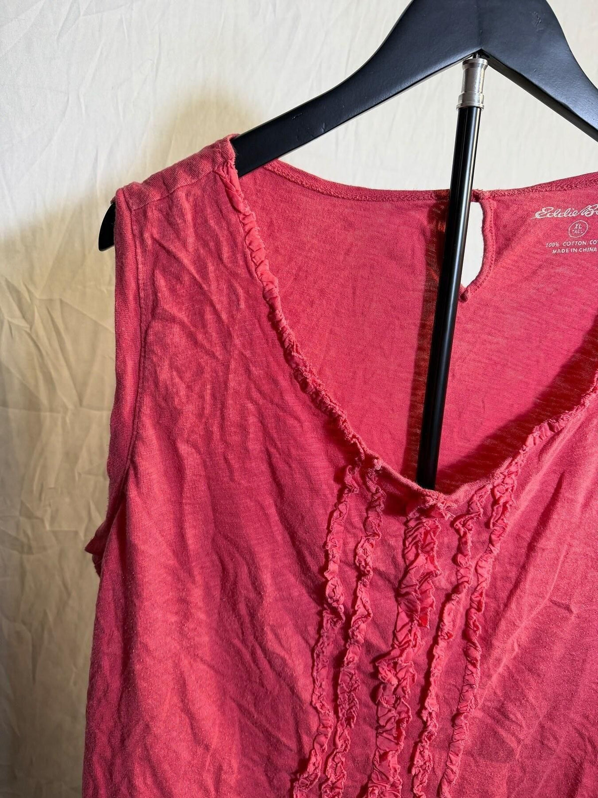 Eddie Bauer Women's XL Tall Ruffled V-Neck Sleeveless Cotton Top Pink - Wormhole Thrift