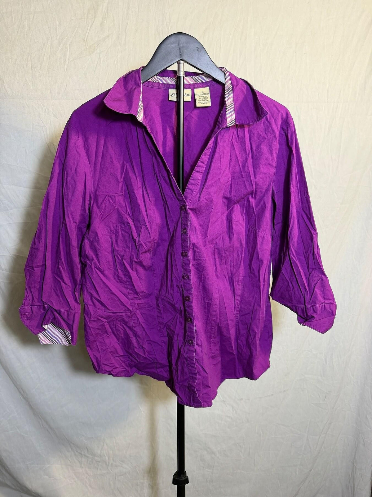 St. Johns Bay Woman Purple 3/4 Sleeve Button Front Shirt Blouse 1X - Wormhole Thrift