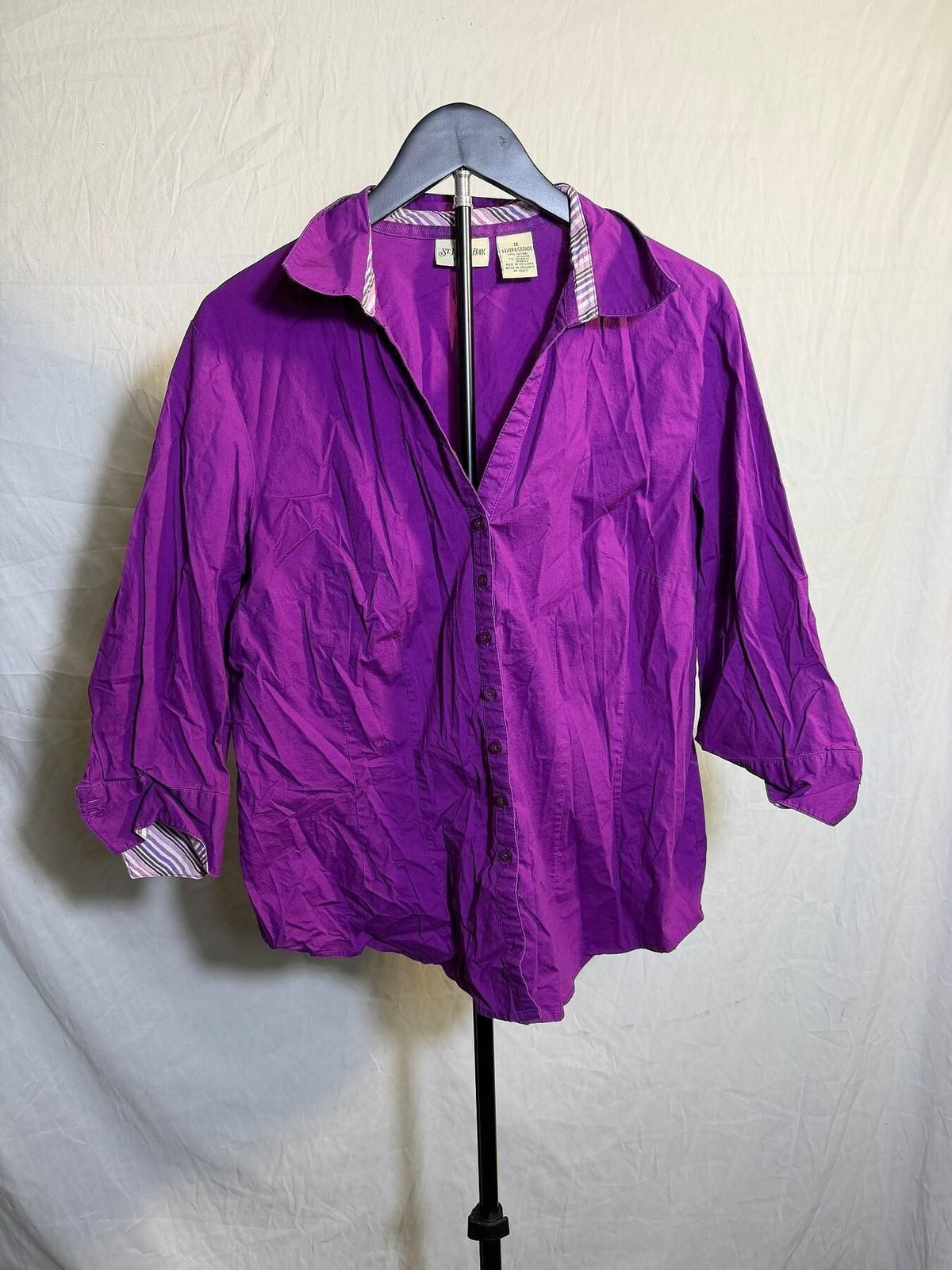 St. Johns Bay Woman Purple 3/4 Sleeve Button Front Shirt Blouse 1X - Wormhole Thrift