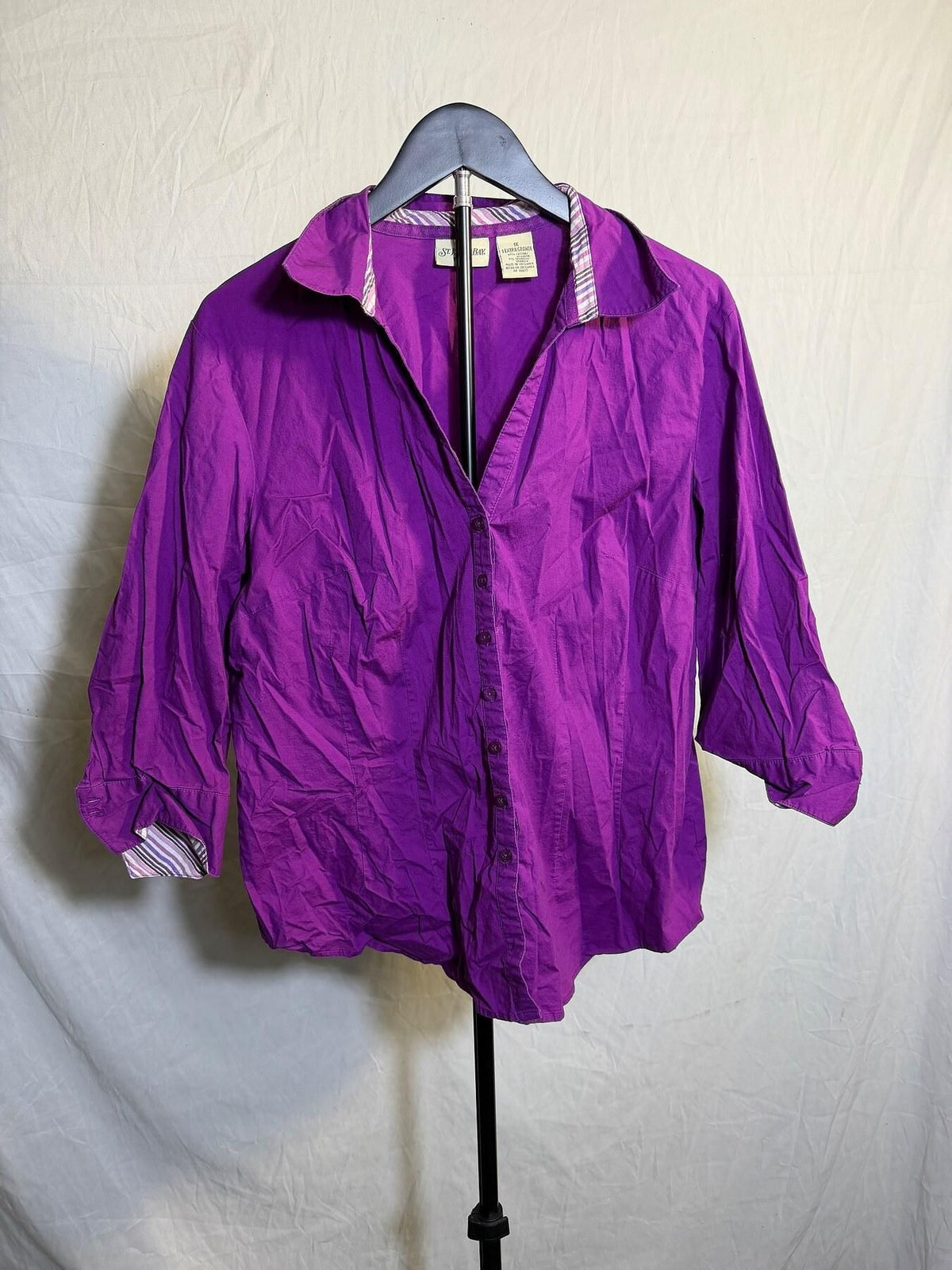 St. Johns Bay Woman Purple 3/4 Sleeve Button Front Shirt Blouse 1X - Wormhole Thrift