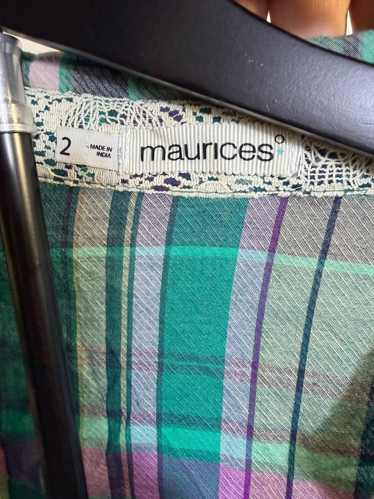Maurices Women's Green Purple Plaid Ruffle Front Button Down Shirt - Wormhole Thrift