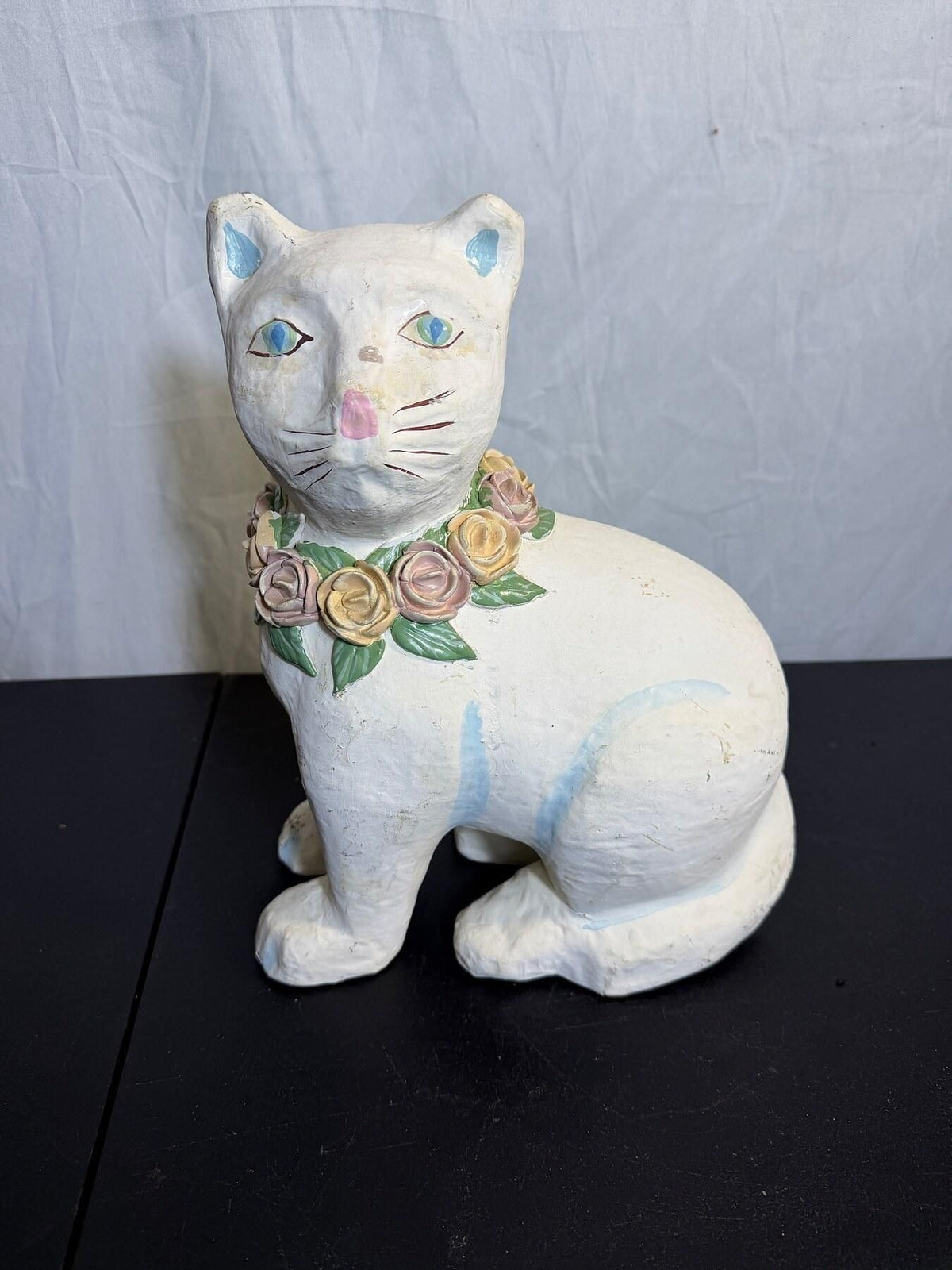 Vintage White Cat Figurine with Floral Rose Collar - 9.5" Tall - Wormhole Thrift