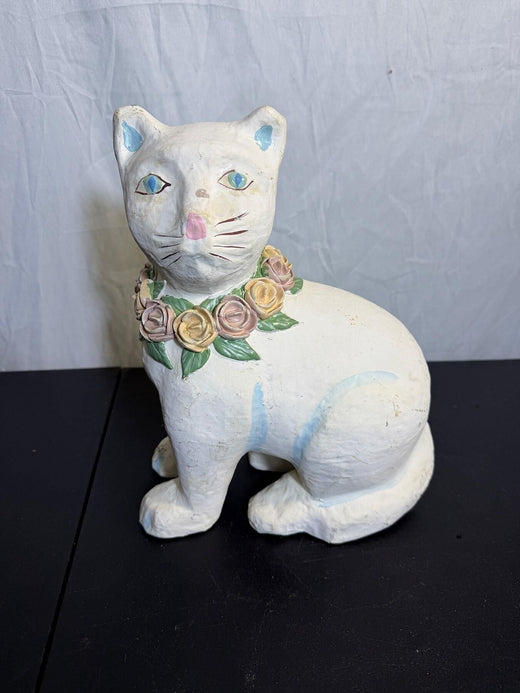 Vintage White Cat Figurine with Floral Rose Collar - 9.5" Tall - Wormhole Thrift