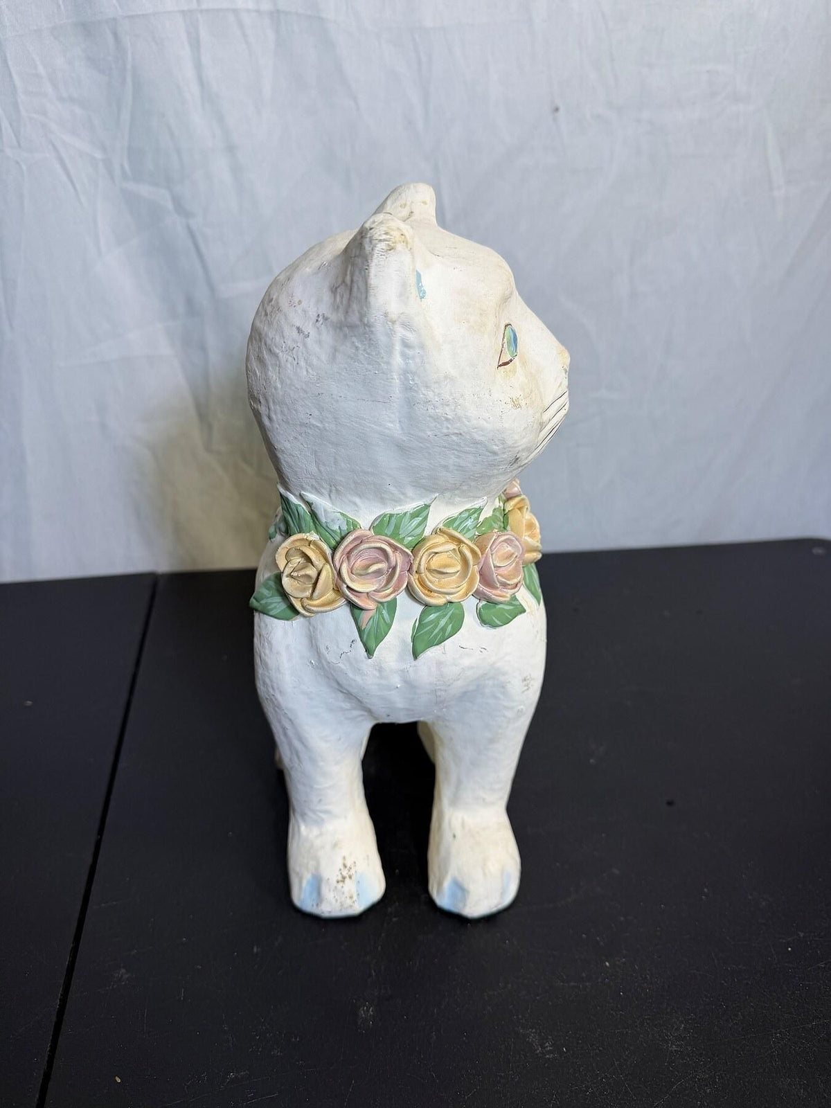 Vintage White Cat Figurine with Floral Rose Collar - 9.5" Tall - Wormhole Thrift