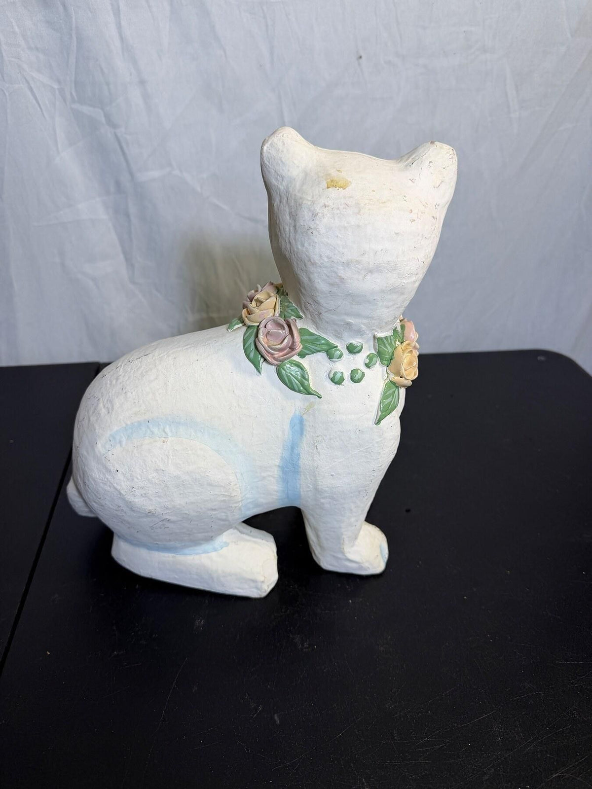 Vintage White Cat Figurine with Floral Rose Collar - 9.5" Tall - Wormhole Thrift