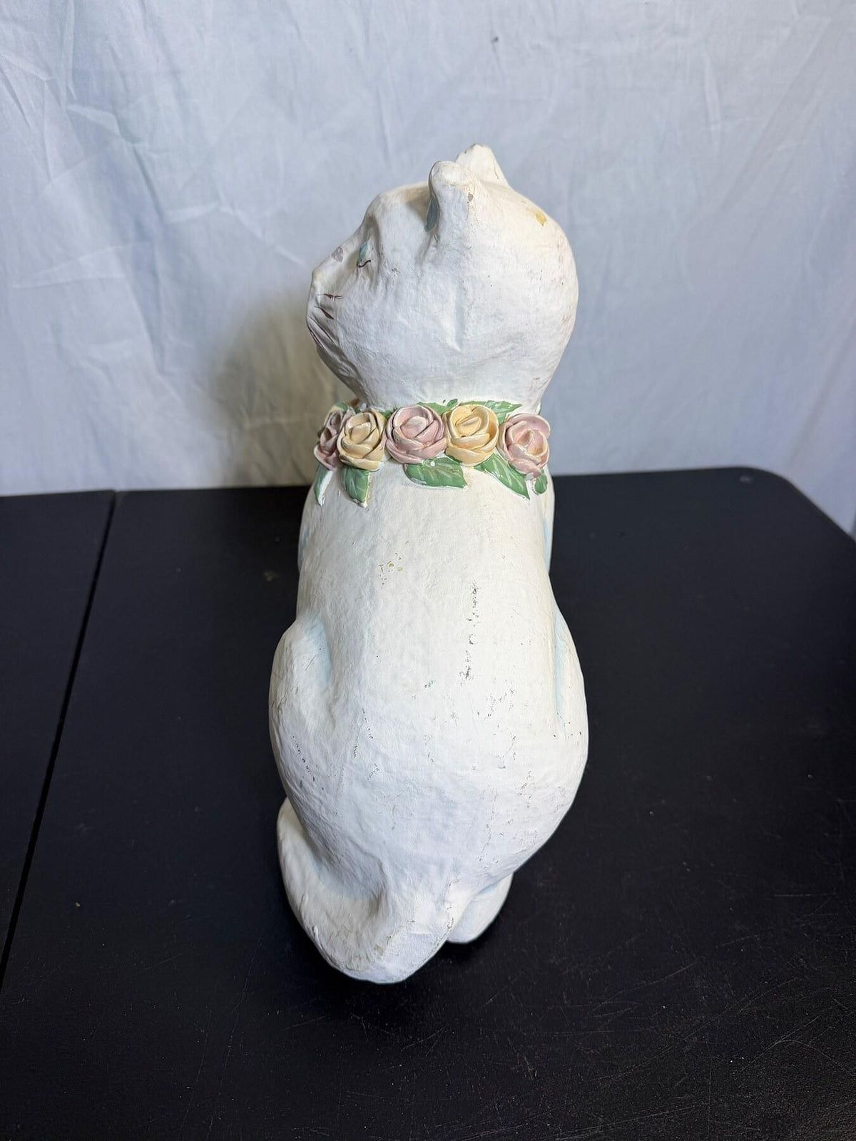 Vintage White Cat Figurine with Floral Rose Collar - 9.5" Tall - Wormhole Thrift