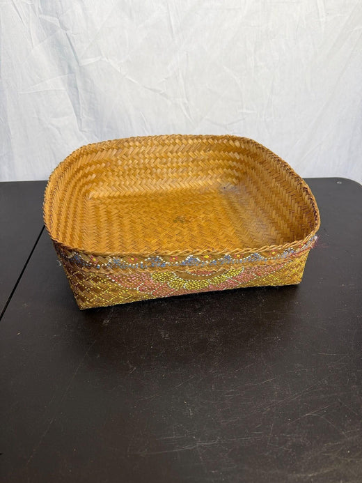 Vintage Hand-Painted Wicker Basket | Folk Art Floral Storage Tray - Wormhole Thrift