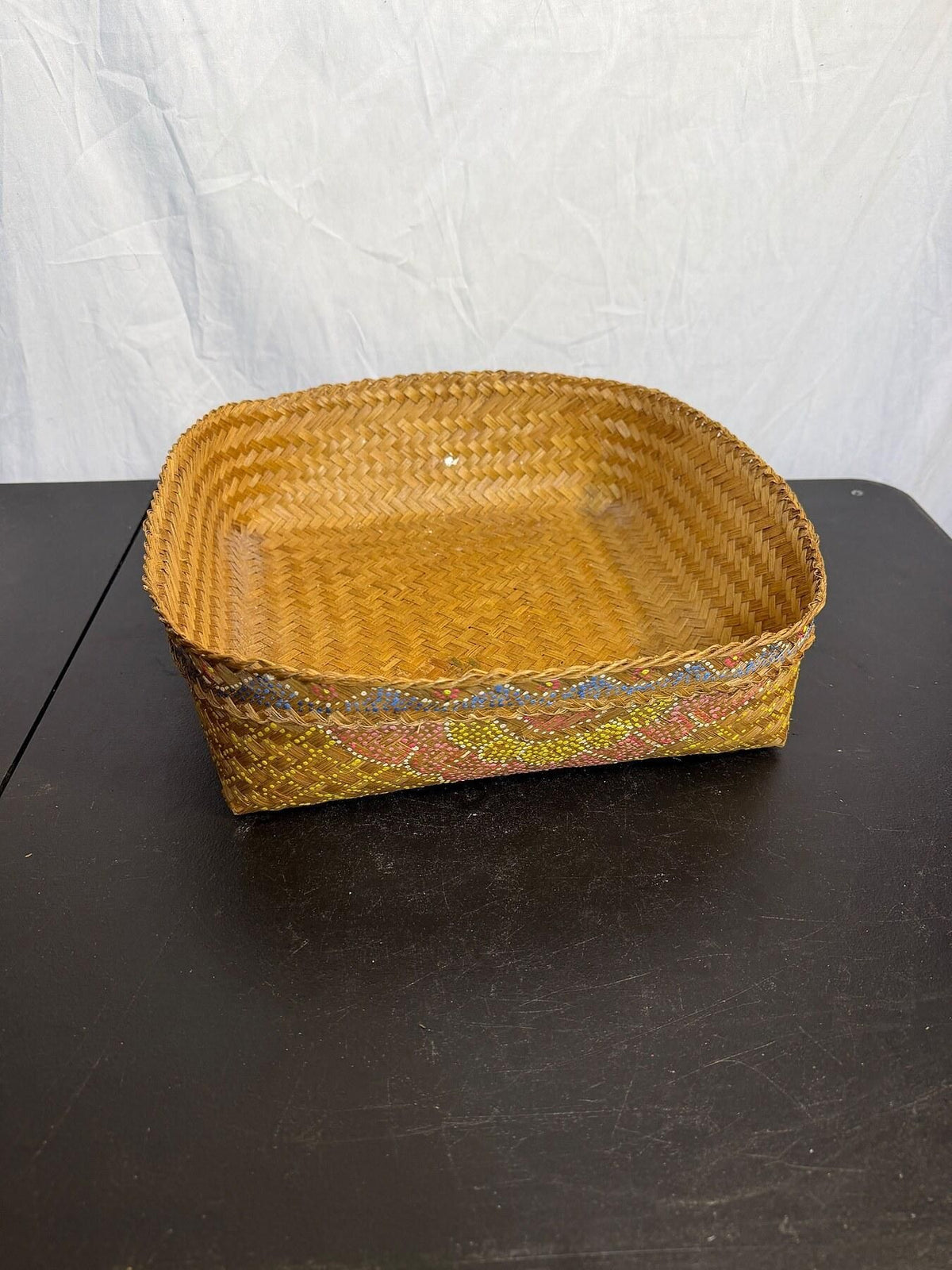 Vintage Hand-Painted Wicker Basket | Folk Art Floral Storage Tray - Wormhole Thrift