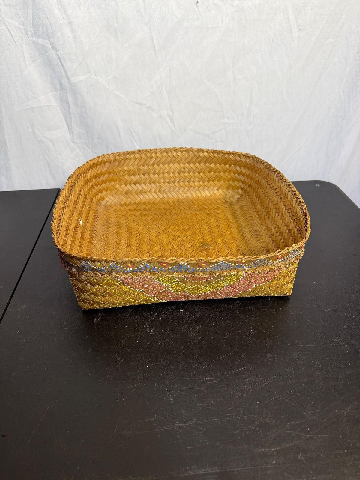 Vintage Hand-Painted Wicker Basket | Folk Art Floral Storage Tray - Wormhole Thrift