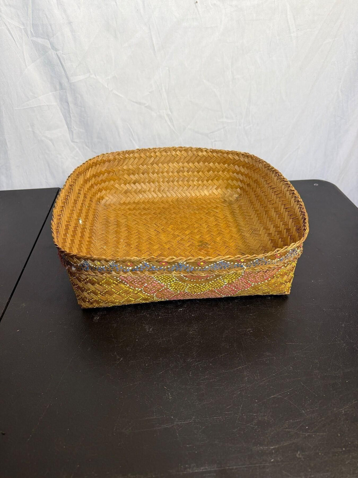 Vintage Hand-Painted Wicker Basket | Folk Art Floral Storage Tray - Wormhole Thrift