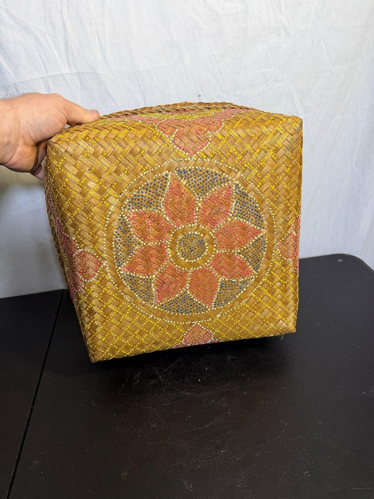 Vintage Hand-Painted Wicker Basket | Folk Art Floral Storage Tray - Wormhole Thrift
