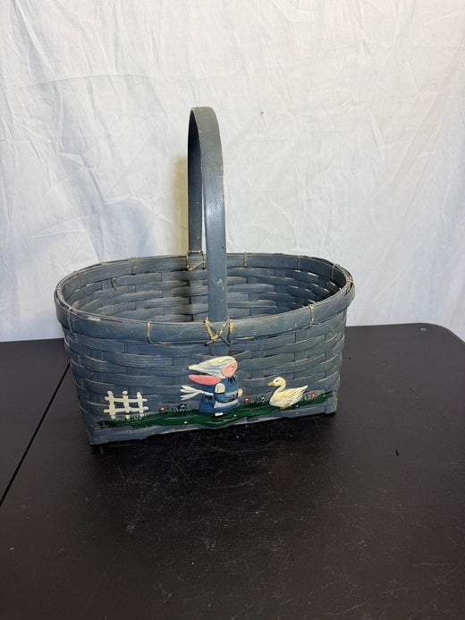 Vintage Blue Woven Basket with Child & Duck Folk Art Decor - Wormhole Thrift