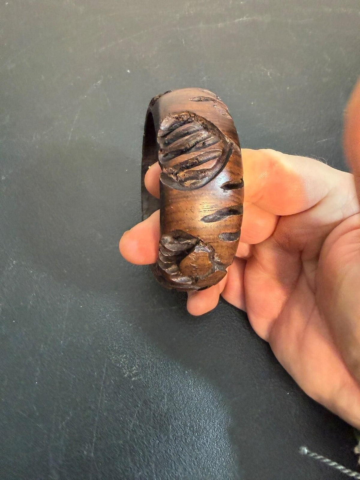Vintage Carved Wood Bangle Bracelet with Stylized Nature Motif - Wormhole Thrift
