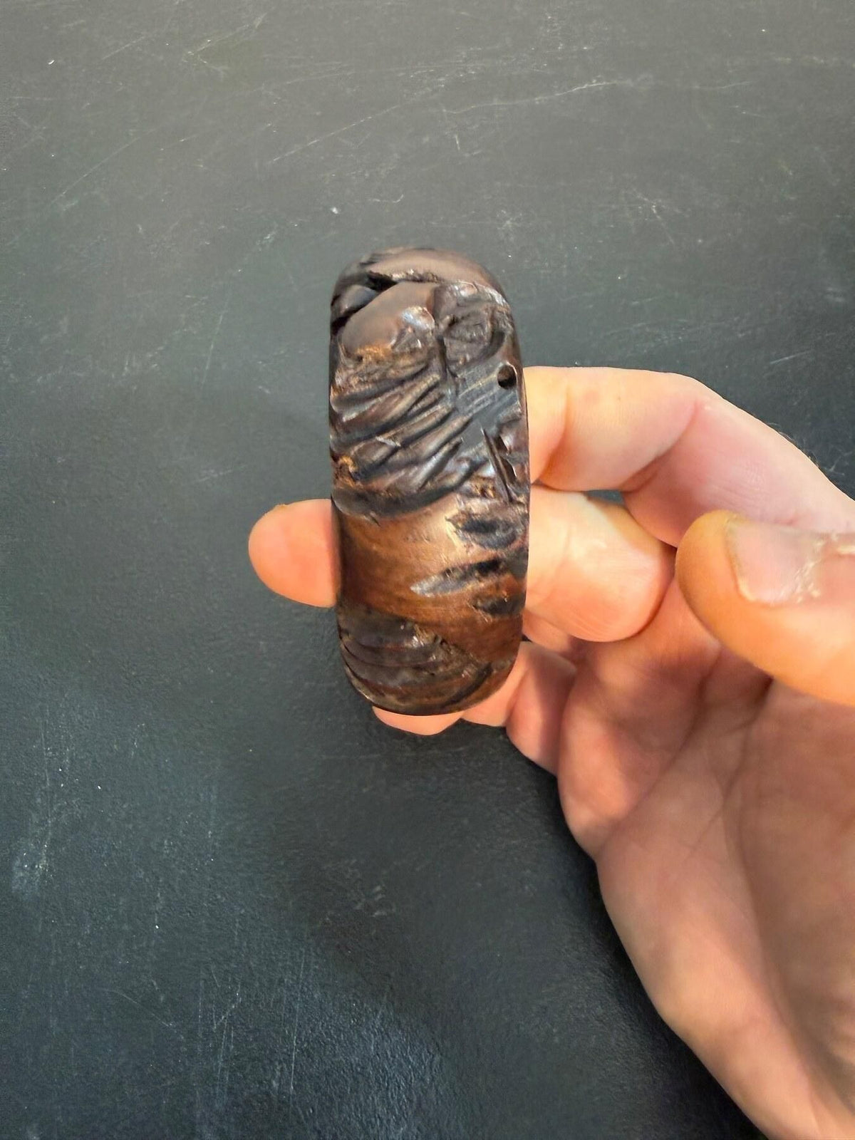 Vintage Carved Wood Bangle Bracelet with Stylized Nature Motif - Wormhole Thrift