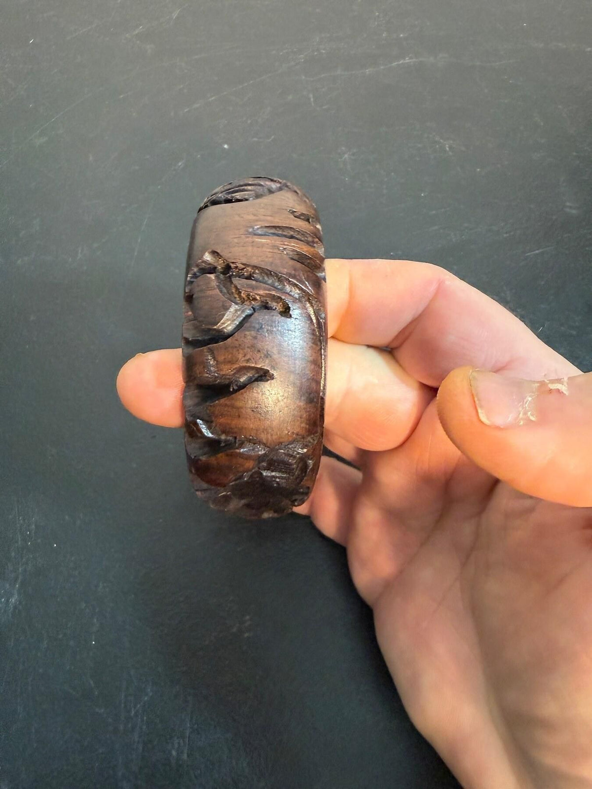 Vintage Carved Wood Bangle Bracelet with Stylized Nature Motif - Wormhole Thrift