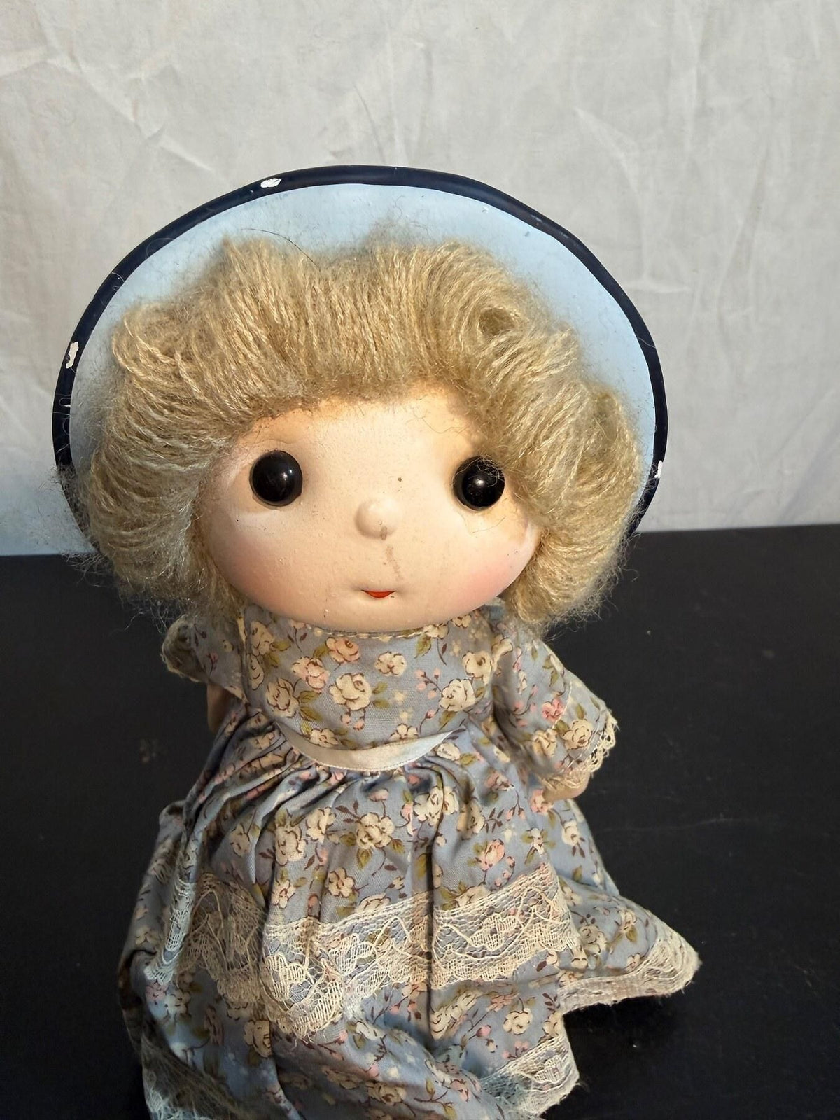 Vintage Bonnet Doll in Blue Floral Dress with Lace Trim - Wormhole Thrift
