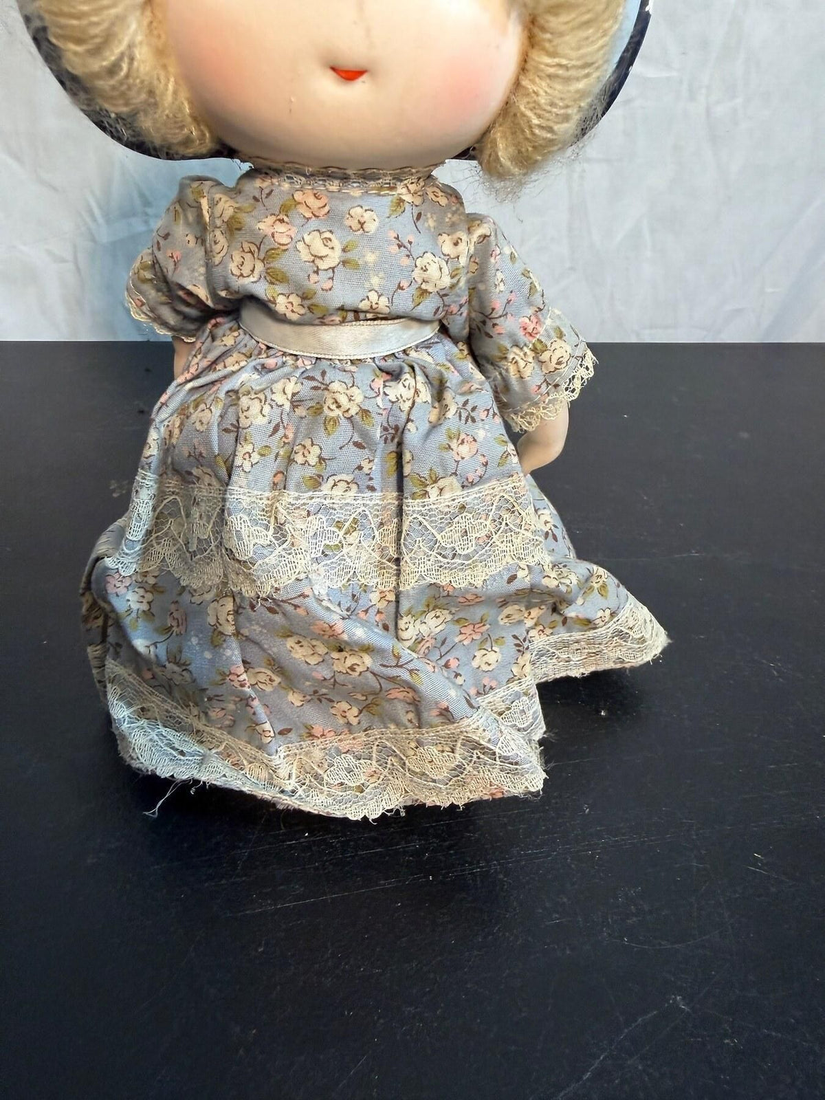 Vintage Bonnet Doll in Blue Floral Dress with Lace Trim - Wormhole Thrift
