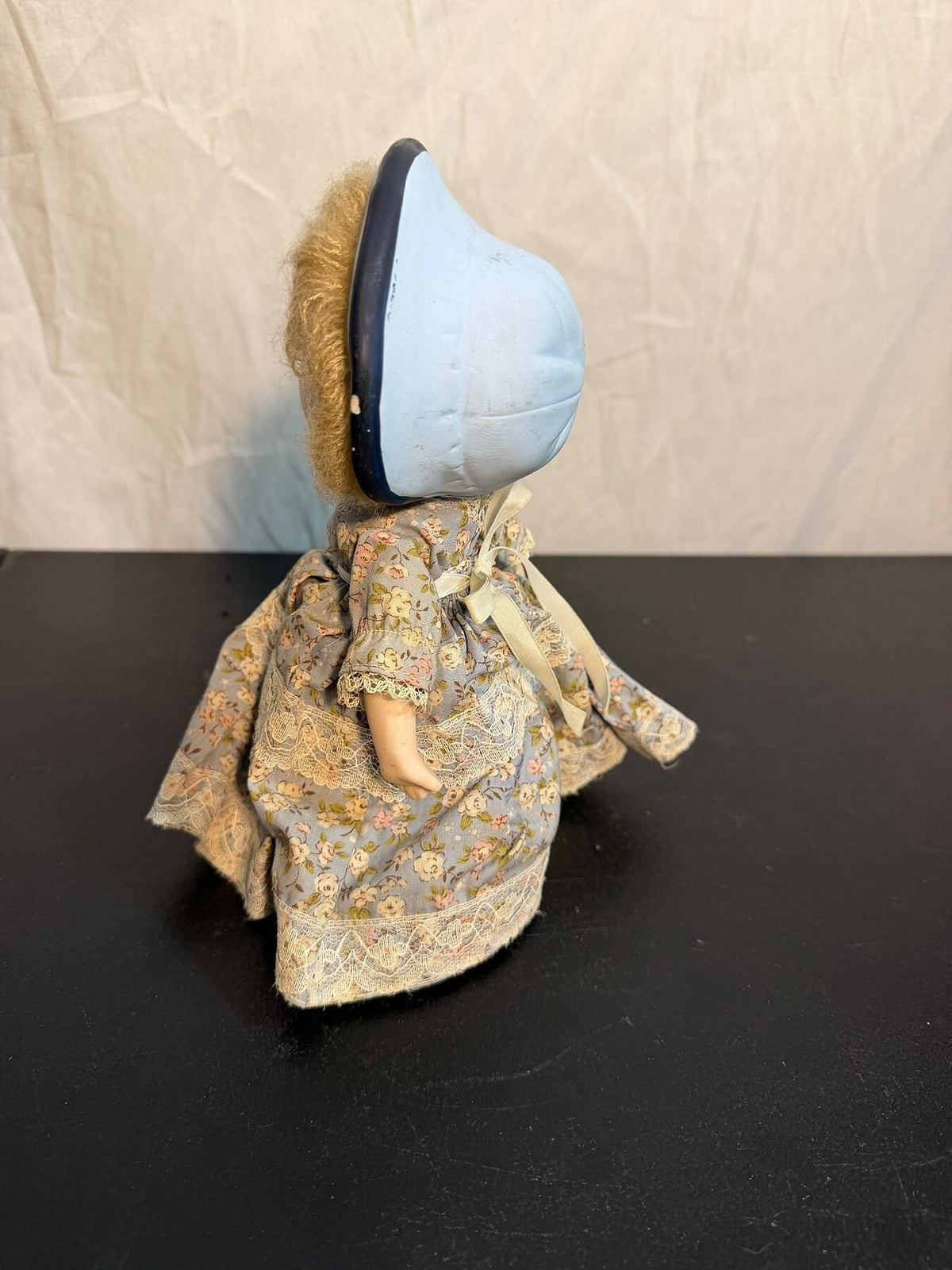 Vintage Bonnet Doll in Blue Floral Dress with Lace Trim - Wormhole Thrift