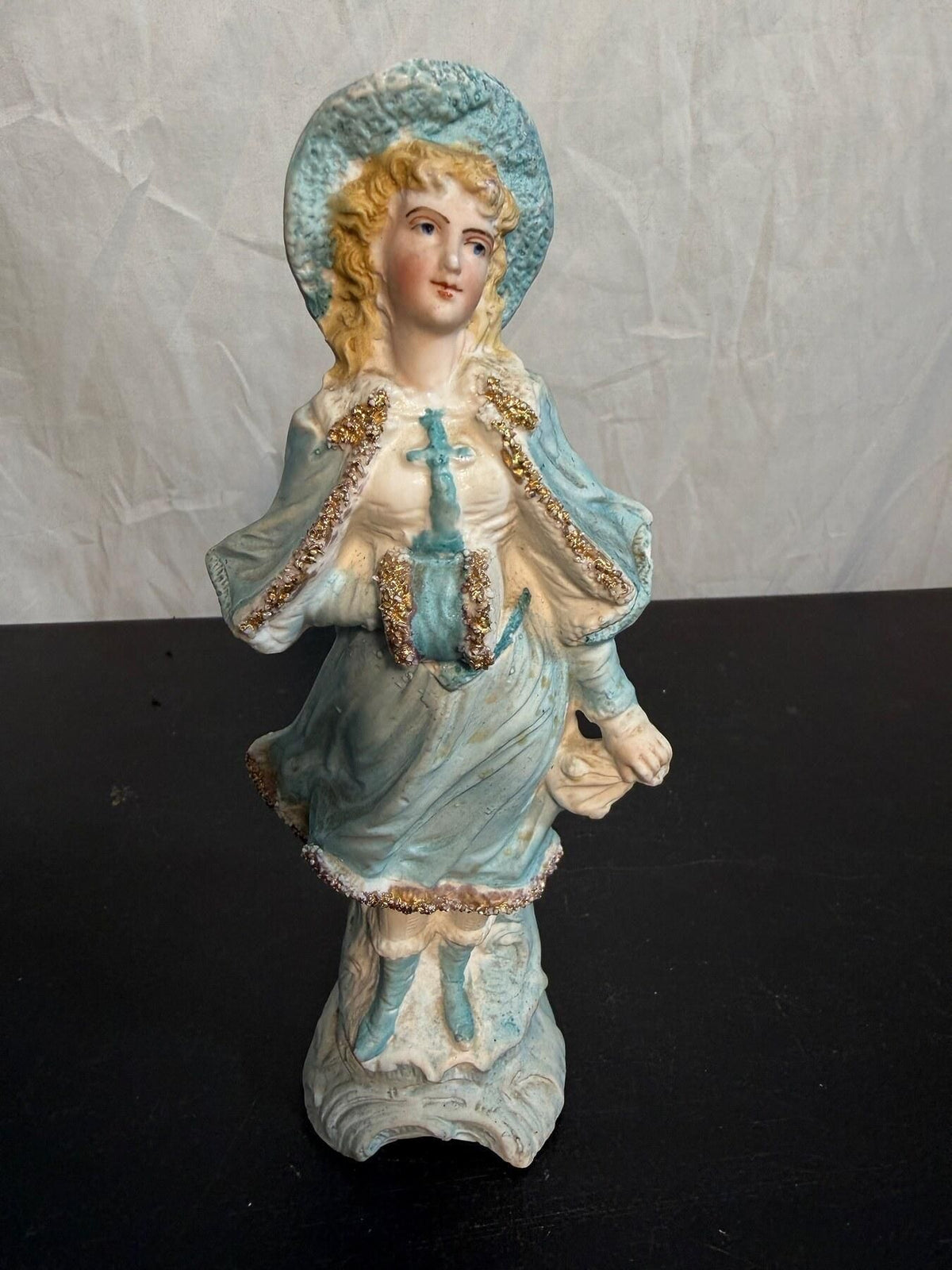 Vintage Porcelain Lady Figurine Blue Dress & Hat with Glitter Accents 7.5" - Wormhole Thrift