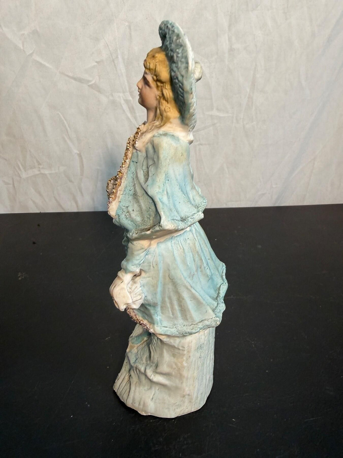 Vintage Porcelain Lady Figurine Blue Dress & Hat with Glitter Accents 7.5" - Wormhole Thrift