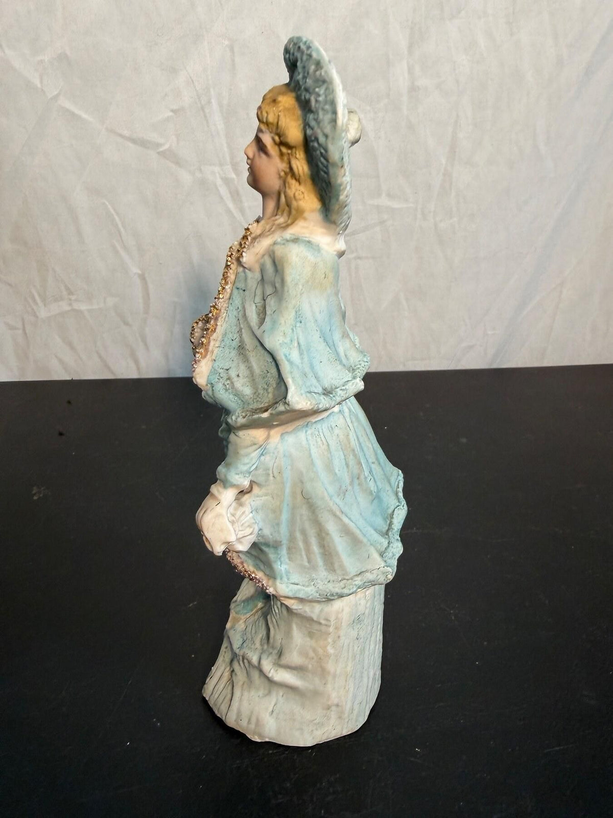 Vintage Porcelain Lady Figurine Blue Dress & Hat with Glitter Accents 7.5" - Wormhole Thrift